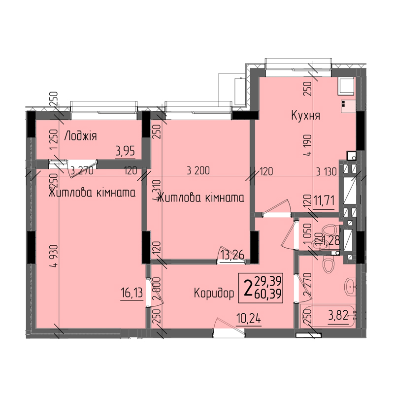 2-х кімнатна квартира 60,1 м²